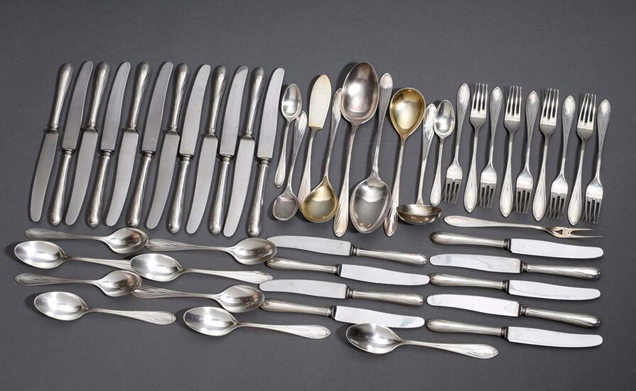 48 pieces Art Nouveau cutlery, model "3001 1/2 Darmstadt style", design: Hans Christiansen 1901/1902, execution: Bruckmann & Söhne, with monogram "K", silver 800, 1326g (without knives) consisting of: 12 large knives, 9 small knives, 9 small forks...