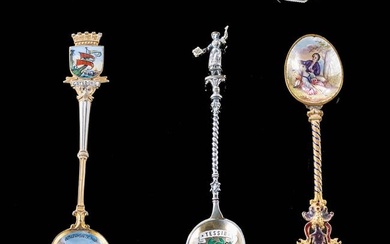 5 European & Texas Silver & Enameled Souvenir Spoons
