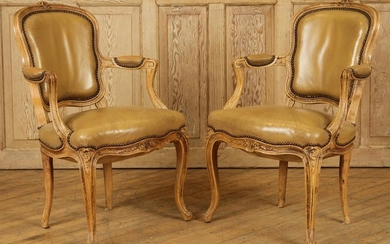 PAIR CARVED BEECH LOUIS XV STYLE OPEN ARM CHAIRS