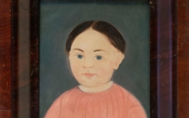 PRIOR-HAMBLEN SCHOOL, 19th Century, Portrait of a child in a salmon-colored dress., Oil on thick paper, 14" x 10". Framed 20" x 16".