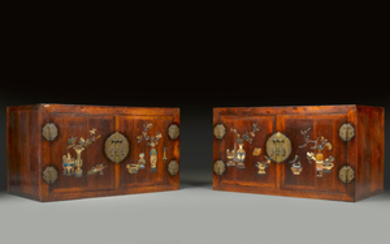 A magnificent and massive pair of huanghuali inlaid hat-chests