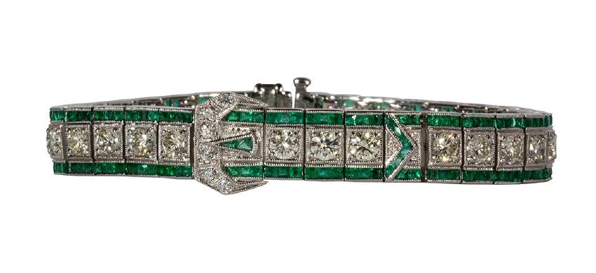 Diamond, emerald and platinum bracelet