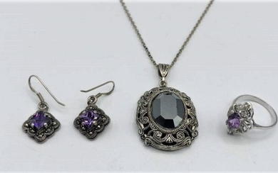 .925 STERLING Necklace, Earrings, Ring, Purple Amethyst