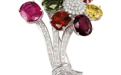 70 Carat Total Oval Tourmaline and Diamond Brooch in 18