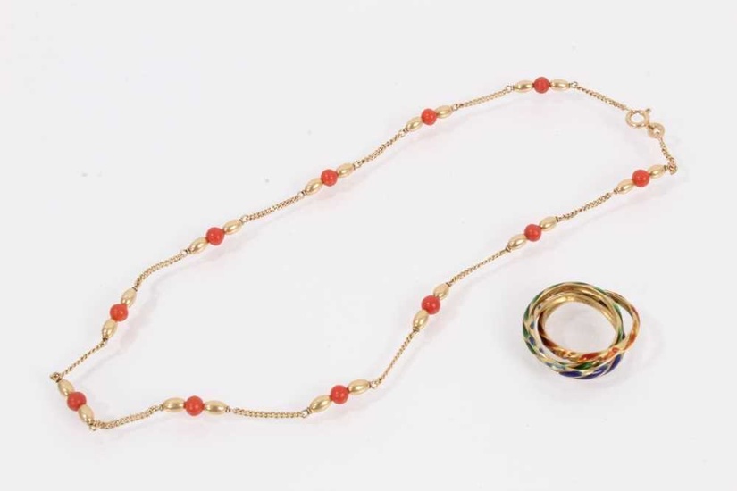 9ct gold chain interspaced with gold and coral beads and a yellow metal enamelled 'Russian' ring