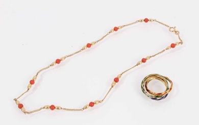 9ct gold chain interspaced with gold and coral beads and a yellow metal enamelled 'Russian' ring