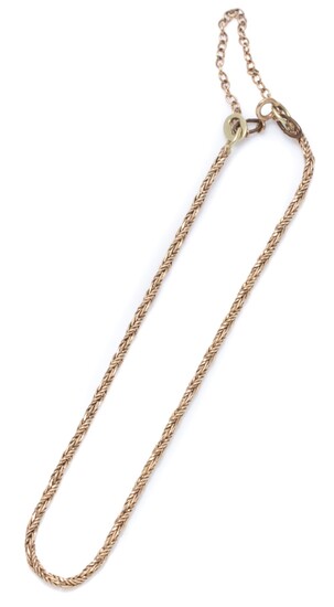 A 14CT GOLD BRACELET; twisted foxtail chain to a bolt ring clasp and safety chain, length 18cm, wt. 2.52g.