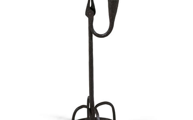 A 19TH CENTURY FORGED IRON TABLE RUSH LIGHT. 40cm...