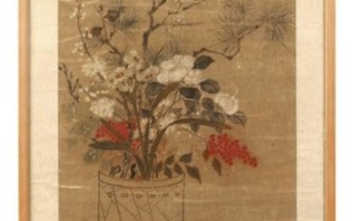 A 19th century Chinese painting on silk depicting flowers...