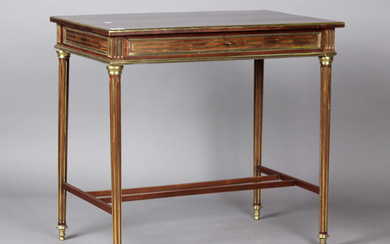 A 19th century French figured mahogany and brass inlaid side table, fitted with a single frieze draw