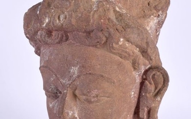 A 7th/8th Century Pink Sandstone Head of a Female Deity, Madhya Pradesh, Central India mounted on a