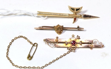 A 9 carat gold double row brooch, length 5.5cm; a...