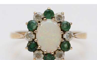 A 9ct gold, opal, emerald and white stone cluster ring, M, 2...