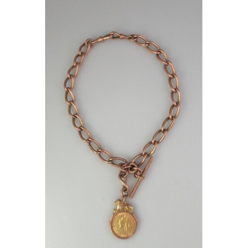 A 9ct rose gold double Albert chain with T bar and a Victori...