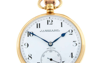 A 9ct yellow gold open face pocket watch by Zenith retailed by T.A Henn & Son, 46.5mm.