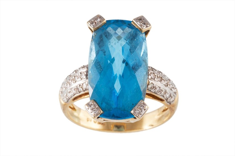 A BLUE TOPAZ SINGLE STONE RING, diamond accent to claws and ...