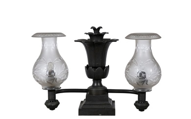 A BRONZE TWO LIGHT COLZA OIL LAMP, BY T. PALMER & CO., BALTI...