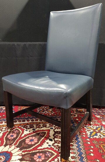 A Blue Vinyl Upholstered Library Chair in the Georgian taste with black painted legs and castors (H:102cm) (leather)
