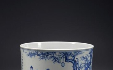 A CHINESE BLUE AND WHITE FIGURES BRUSHPOT
