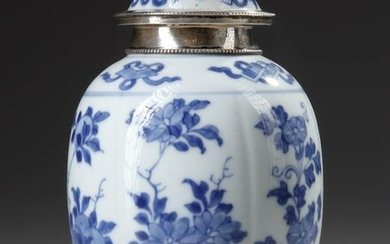 A CHINESE BLUE AND WHITE SILVER MOUNTED LOBBED JAR