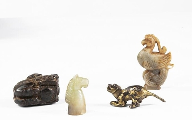 A CHINESE GROUP OF THREE JADE CARVINGS AND A GILT