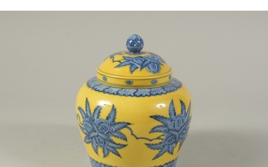 A CHINESE YELLOW GROUND BLUE AND WHITE PORCELAIN JAR AND COV...