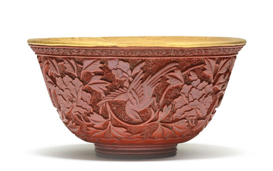 A CINNABAR LACQUER CARVED BOWL