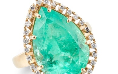 A COLOMBIAN EMERALD AND DIAMOND RING set with a pear cut emerald of approximately 8.50 carats in a