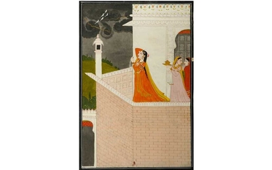 A COURTLY LADY PINING OVER HER LOVER WHILST THE MONSOON STORM APPROACHES Pahari School, Northern India, 19th century