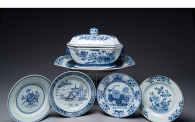 A Chinese blue and white covered tureen, a dish and four pla...