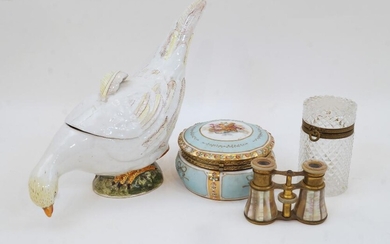 A Continental glazed pottery model of a game bird, late 19th century, maker's mark to underside, with cover, 24cm high, 33cm wide; together with a gilt-brass mounted porcelain bowl and cover, decorated with cherubs, 14cm diameter; a pair of French...