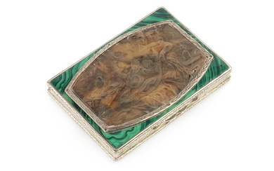 A Continental silver, tortoiseshell and malachite mounted box, of rectangular...