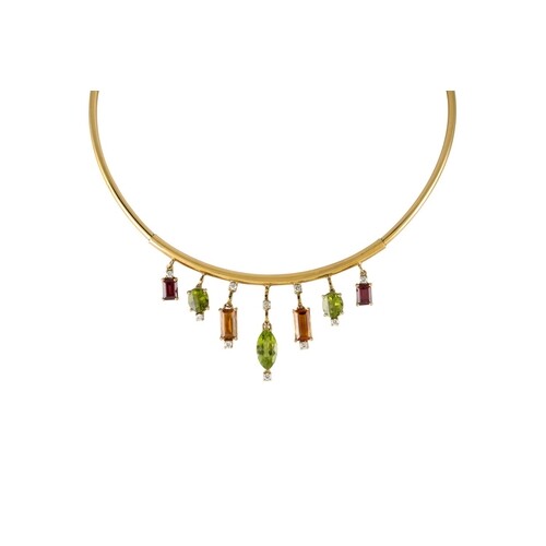 A DIAMOND AND MULTI GEM SET NECKLACE, comprising a yellow go...