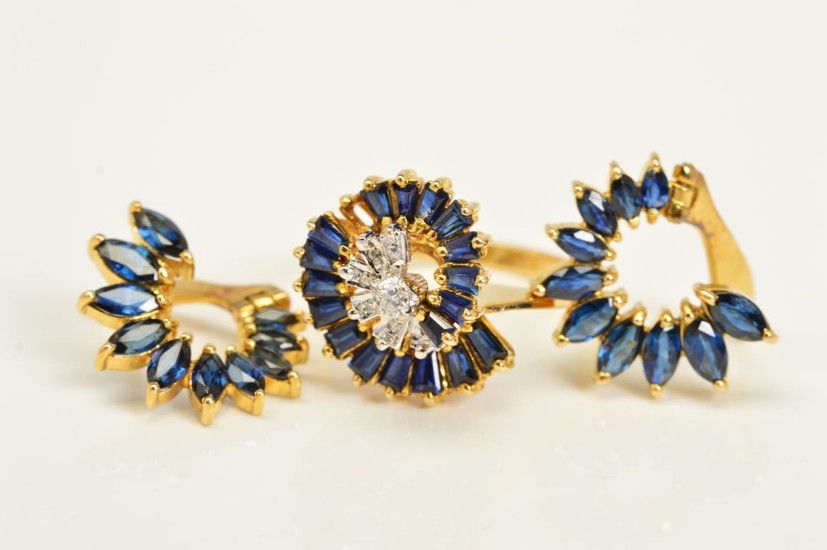 A DIAMOND AND SAPPHIRE RING AND PAIR OF EARRINGS, the ring d...