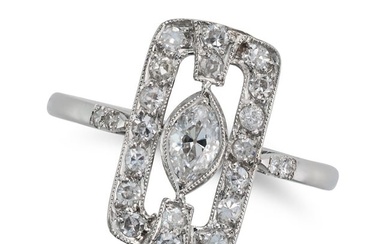 A DIAMOND DRESS RING the openwork geometric face set with a marquise cut diamond and accented by