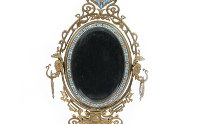 A French Louis XVI Champleve Cloisonn? dore bronze vanity table mirror decorated with butterfly and