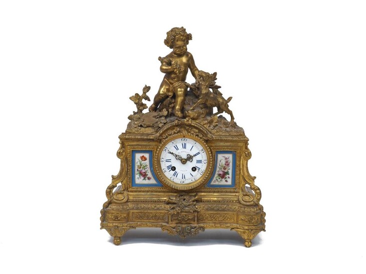 A French gilt-bronze mantle clock, mid 19th century, the case with Bacchic figure and goat above porcelain panels, the white enamel dial and bell-strike movement both signed H Rochat Paris, 39cm high Please note that Roseberys do not guarantee...