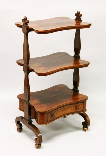 A GOOD 19TH CENTURY ROSEWOOD THREE TIER WHAT-NOT, with