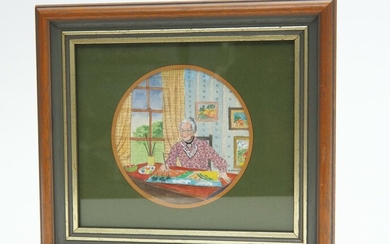 A GOUACHE PAINTING DEPICTING AMERICAN FOLK ARTIST GRANDMA MOSES IN HER STUDIO BY DOROTHY L MORRIS, 22 X 22CM (INCLUDING FRAME), LEON...