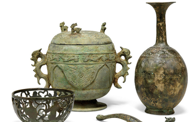 A GROUP OF SIX CHINESE BRONZES, HAN DYNASTY (206 BC- 220 AD) AND LATER