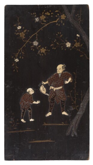 A JAPANESE PAINTED WOOD WITH BONE INLAID PANEL. HALF 20TH CENTURY.