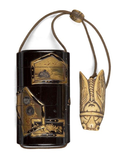 A Japanese black lacquer five-layer Inro, late Meiji period, decorated with make-e vignettes of nature, with stag-antler cicada netsuke and ojime, 9 x 5cm