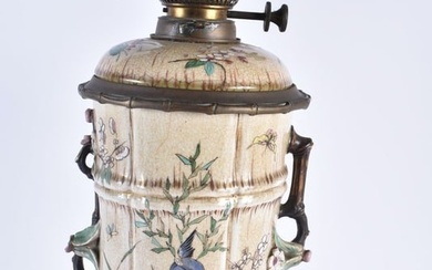 A LARGE 19TH CENTURY JAPANESE MEIJI PERIOD SATSUMA OIL LAMP painted with birds and flowers. 44 cm x