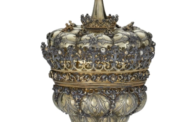 A LARGE CONTINENTAL SILVER-GILT AND PEARL-SET CUP AND COVER PROBABLY GERMAN, 19TH CENTURY