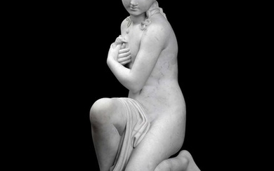 A LARGE LATE 19TH CENTURY ITALIAN MARBLE FIGURE OF A GIRL HOLDING A BIRD BY ROMANELLI