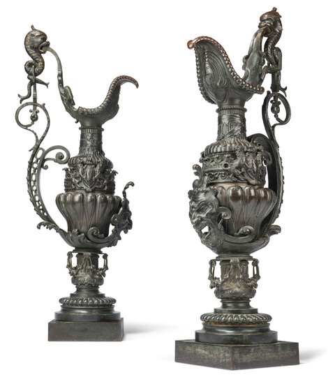 A LARGE PAIR OF FRENCH PATINATED-BRONZE EWERS, OF RENAISSANCE STYLE, SECOND HALF 19TH CENTURY