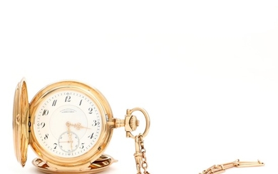 A. Lange & Söhne: A 14k gold hunter case pocket watch. Early 20th century. And 14k gold watch chain. (2)