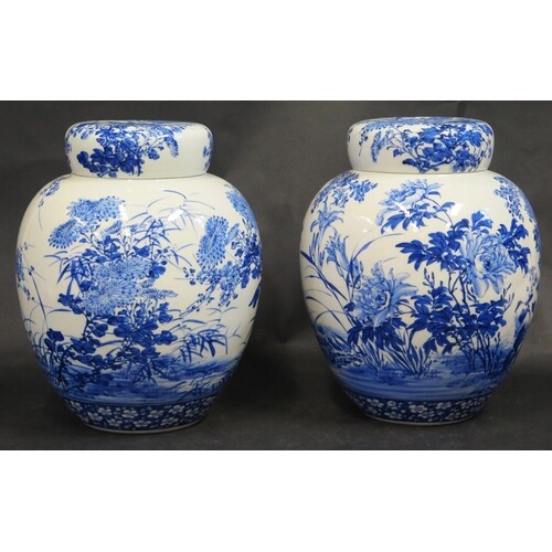 A Large Pair of Chinese Qing Porcelain Blue and White Jars w...