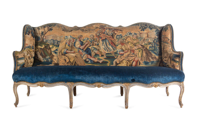 A Louis XV Painted Canapé with Needlepoint Tapestry Upholstery