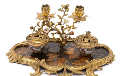 A Louis XV ormolu-mounted black and gilt japanned and porcelain inkstand